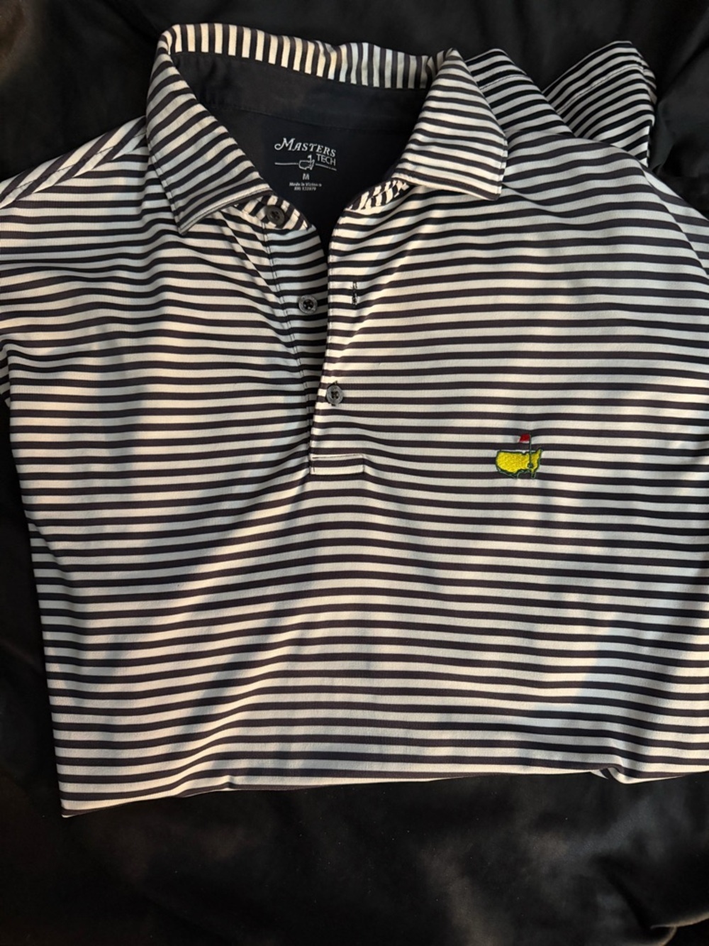 Masters Navy and White Striped Polo with Yellow Embroidered Logo